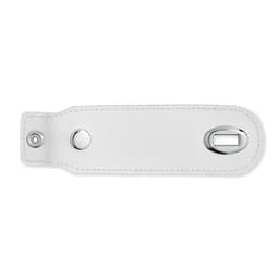 A white leather keychain strap with a snap button and a loop for attaching keys.