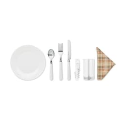 A white plate, silver cutlery, a glass, and a checked napkin arranged neatly on a surface.