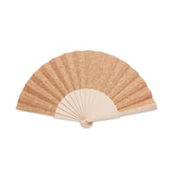 A cork fan with a light wood handle, featuring a natural beige colour and an elegant folding design.