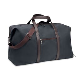 A duffel bag in navy blue fabric with brown leather handles and accents, featuring a zippered pocket on the front.