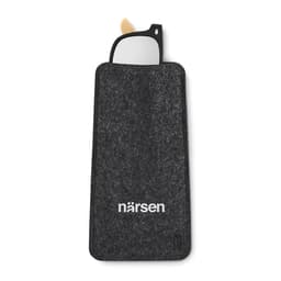 A drink bottle with a sleek black felt cover and a transparent cap, featuring a logo on the front.