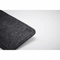 A dark grey felt laptop sleeve with rounded corners, featuring a small logo.