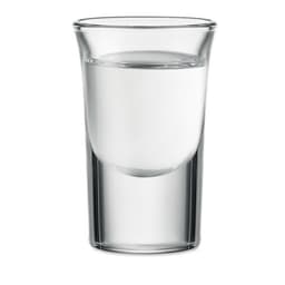 A clear glass shot glass filled with water, showcasing a simple and elegant design.