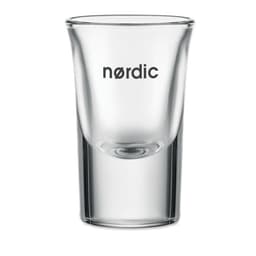 A clear glass shot glass with a wide base and the word "nordic" printed on it.