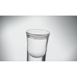 A clear glass drink bottle with a rounded top, featuring a smooth surface and a sleek design.