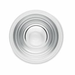 A drink bottle with a smooth, reflective silver interior and a circular design. It features a simple, modern look.