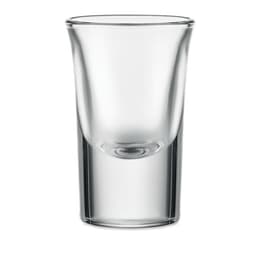 A clear glass shot glass with a smooth finish and rounded edges. It has no markings or branding visible.