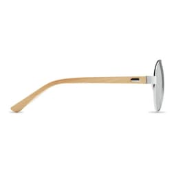 A pair of sunglasses with a wooden frame and grey lenses. The side view highlights the natural wood texture.