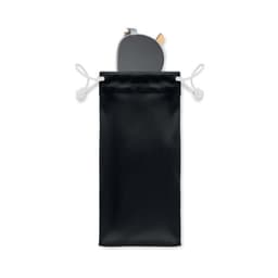A drink bottle in a sleek black carry pouch with drawstrings and a silver cap.