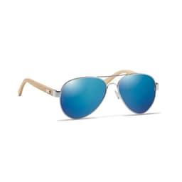 A pair of sunglasses featuring blue mirrored lenses and wooden arms, with a sleek silver frame.