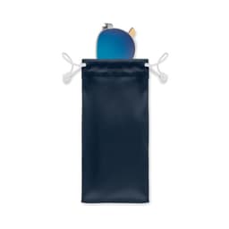 A drink bottle in a navy pouch with a drawstring, featuring a lid and a logo on the pouch.