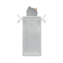 A drawstring pouch in white containing a pair of sunglasses with a mirrored lens and brown accents.