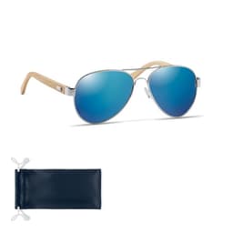 A pair of sunglasses with blue mirrored lenses and wooden arms, accompanied by a dark pouch.