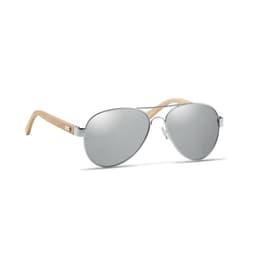 A pair of aviator sunglasses with silver mirrored lenses and wooden arms. The frame has a sleek, metallic finish.