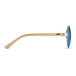 A pair of sunglasses featuring a blue lens and a natural wood-like arm, with a metal frame and logo detail.