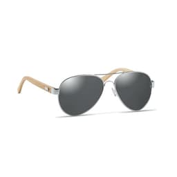 A pair of sunglasses featuring silver frames and wooden arms, with dark grey lenses.