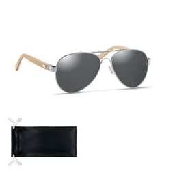 A pair of silver aviator sunglasses with wooden arms, accompanied by a black protective pouch.