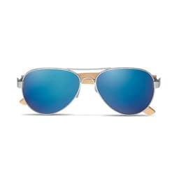 A pair of aviator sunglasses with mirrored blue lenses and wooden accents on the temples.