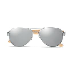 Sunglasses with mirrored silver lenses and wooden temple arms. The frame is metallic silver.