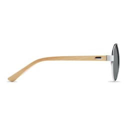 Sunglasses featuring round black lenses and a stylish wooden arm, with a silver metal frame.
