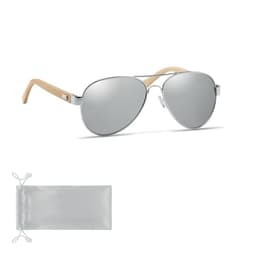 A pair of silver sunglasses with wooden handles and a silver pouch for storage.