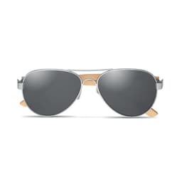 A pair of aviator sunglasses with metallic frames and wooden temple accents. The lenses are dark and reflective.