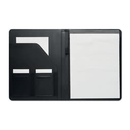 A black folder with an open design, featuring pockets for documents and a blank notepad on the right side.
