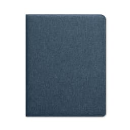 A folder in a textured dark blue fabric, featuring a subtle branding logo on the front.
