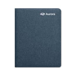 A notebook with a textured blue cover, featuring a logo on the top right corner.