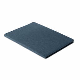A dark blue notebook cover with a textured finish, featuring a logo on the front.