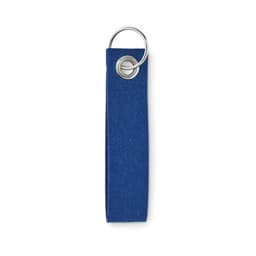 A blue fabric keychain featuring a metal ring. The design is simple and practical for holding keys.