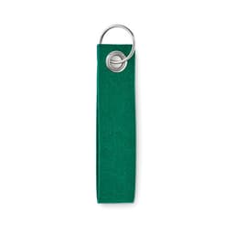 A green fabric keychain tag with a metal ring for attachment.