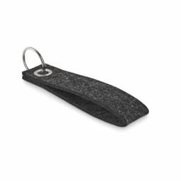 A keychain made of dark grey felt, featuring a silver ring for attaching keys.