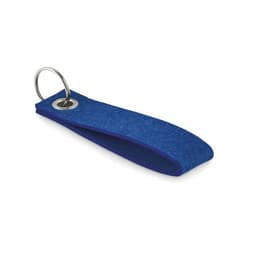 A keychain made of blue felt with a metal ring and a rounded tab design.