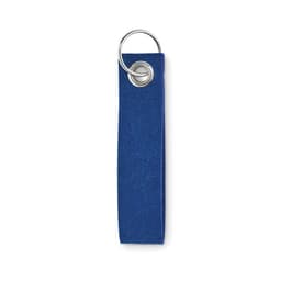A blue fabric tag featuring a metal ring at one end. Suitable for various identification purposes.