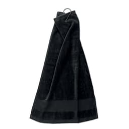 A black towel with a hanging loop, featuring a smooth texture and a solid black trim at the bottom.