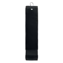 A black gym towel with a hanging loop at the top for easy storage. Simple and functional design.