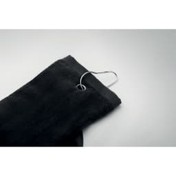 A black towel with a hanging loop and a metal hook at the top for easy storage.