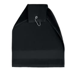 A black towel with a loop for hanging, featuring a textured surface and a fold at the top.