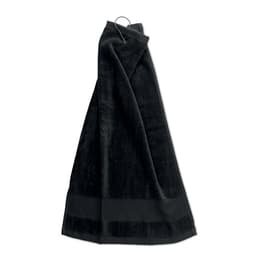 A black towel with a smooth texture, featuring a hanging loop at the top and a plain border.