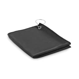 A black foldable fabric item with a metal loop for attachment. Suitable for various uses.