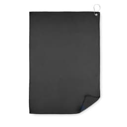 A black towel featuring a corner loop for hanging. The fabric appears smooth and durable.