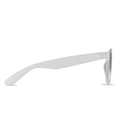 A pair of clear glasses with a sleek, modern design, showcasing a side view and a lightweight frame.