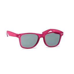 A pair of pink sunglasses with grey lenses and a modern design, featuring a logo on the side.