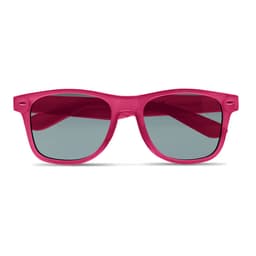 A pair of pink sunglasses with grey lenses, featuring a classic rectangular frame design.