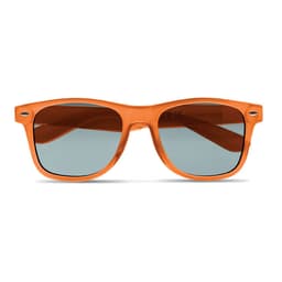 A pair of orange sunglasses with grey lenses and a classic frame design.
