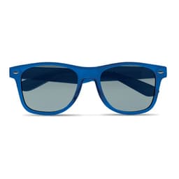A pair of blue sunglasses with dark lenses and a stylish frame. They feature a logo on the arm.