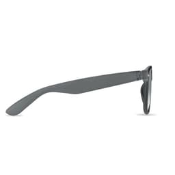 A pair of grey sunglasses viewed from the side, featuring sleek, rounded frames and a smooth arm design.