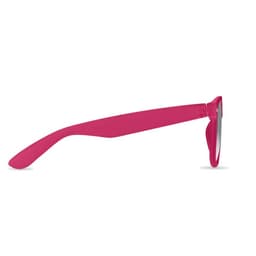 A pair of sunglasses with a bright pink frame and sleek design, featuring a glossy finish.