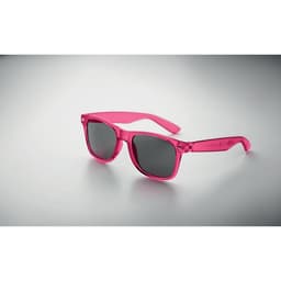 A pair of bright pink sunglasses with dark tinted lenses, featuring a sleek design.